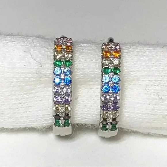 Rainbow Crystal Elegant 925 Sterling Silver Hoop Earrings New - Picture 1 of 4